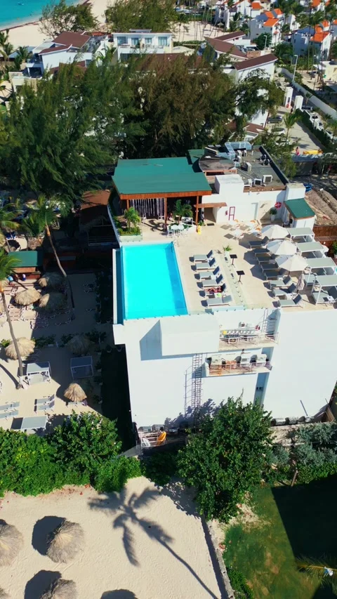 A hotel with a rooftop pool on the oceanfront. Bright sunny day in Punta Cana Stock Footage 309812577