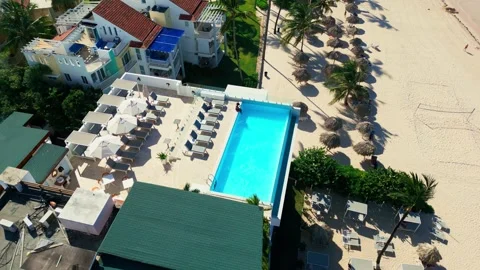 A hotel with a rooftop pool on the oceanfront. Bright sunny day in Punta Cana Video stock 309940550