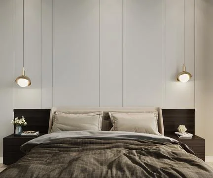 Hotel room with bed, 3d render Stock Illustration