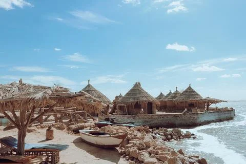 A hotel room complex overlooking Lake Siwa, built of mud bricks Stock Photos