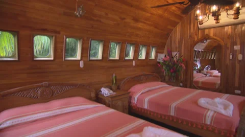 Hotel Room Pink Bed Ceiling Fan Stock Footage 32628625
