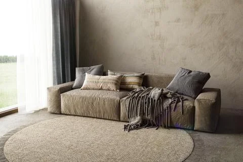 A hotel room with a sofa. High quality illustration 3d render scandinavian Stock-Illustration
