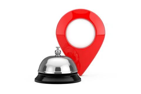 Hotel Service Bell with Red Map Pointer Pin. 3d Rendering Illustrazione stock