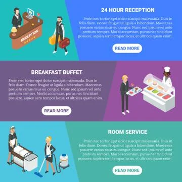 Hotel service concept vector flat isometric horizontal banner set Stock Illustration