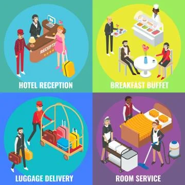 Hotel service concept vector flat isometric poster, banner set Stock Illustration