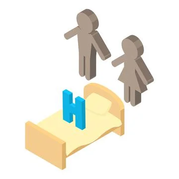 Hotel service icon isometric vector. Letter h on bed and couple people icon Ilustração Stock