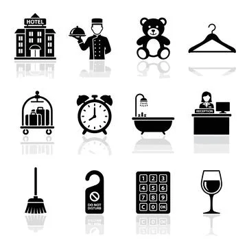 Hotel service icon set featuring building, bellhop, teddy bear, hanger, lug.. Stock Illustration