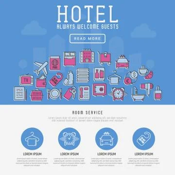 Hotel services concept with thin line icons on city background. Stock Illustration