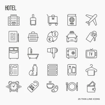 Hotel services, facilities in room thin line icons. Vector illustration. Stock Illustration