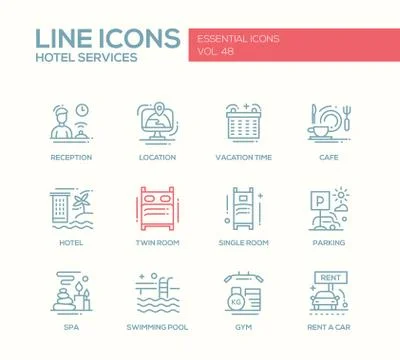 Hotel Services - flat design line icons set Stock Illustration