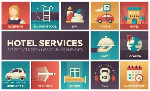Hotel services - set of flat design infographics elements Stock Illustration