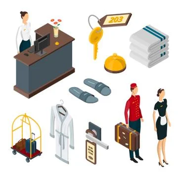 Hotel services vector 3d isometric icons, design elements set. Staff, shower Stock Illustration