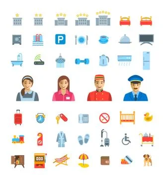 Hotel services vector flat icons set 스톡 일러스트