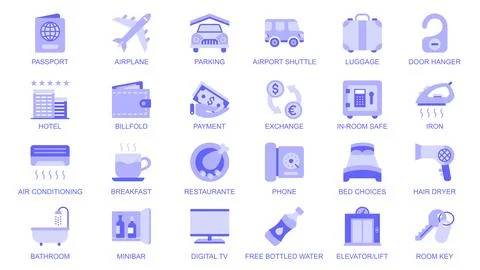 Hotel services web icons set in duotone flat design. Pack pictograms with pas Stock Illustration