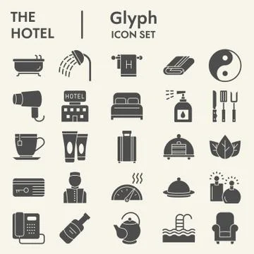Hotel solid icon set, travel symbols set collection or vector sketches. Hotels 스톡 일러스트