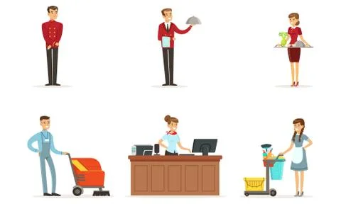 Hotel Staff Vector Set. Man Working as Waiter and Administrator Stock Illustration