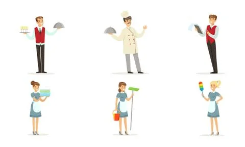 Hotel Staff Vector Set. Man Working as Waiter and Administrator Stock Illustration