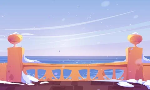 Hotel terrace empty view with sea and falling snow Stock Illustration
