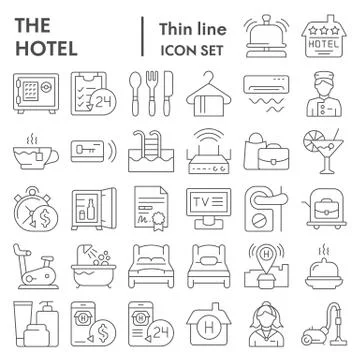 Hotel thin line icon set, service symbols collection, vector sketches, logo Stock Illustration