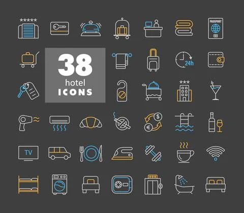 Hotel vector flat icon set on dark background Stock Illustration