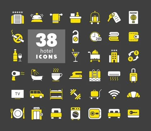 Hotel vector flat icon set on dark background Stock Illustration