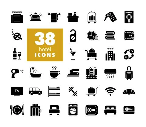 Hotel vector flat isolated glyph icon set Stock Illustration