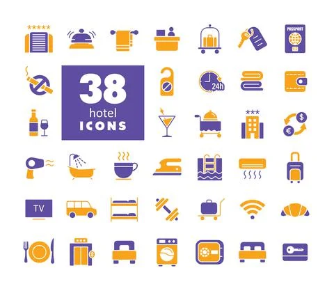 Hotel vector flat isolated glyph icon set Stock Illustration