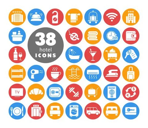 Hotel vector flat isolated white glyph icon set Stock Illustration