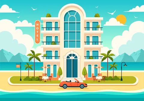 Hotel Vector Illustration of interior and exterior with building on green g.. Ilustración de archivo