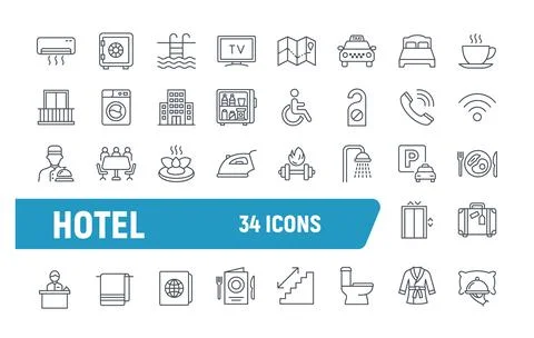 Hotel vector line icon set. Hospitality gym lobby service. Luxury hotel travel Stock Illustration