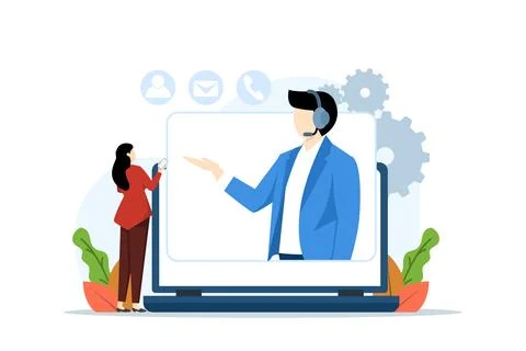 Hotline operator consulting with customer with headset on computer Stock Illustration