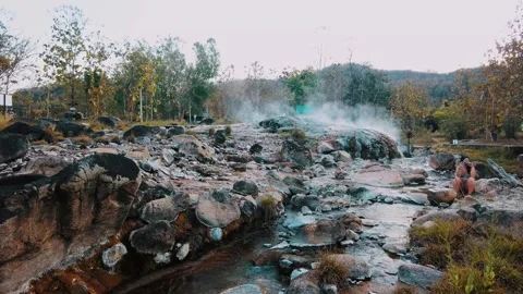 Hotspring boiling water source muang rae hotspring in pai thailand woman Stock-Footage 342038621
