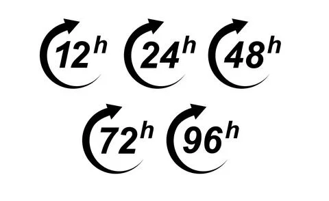 Hour icon 12, 24, 48 and 72 hours clock arrow. Fast service Work time effect or Stock Illustration