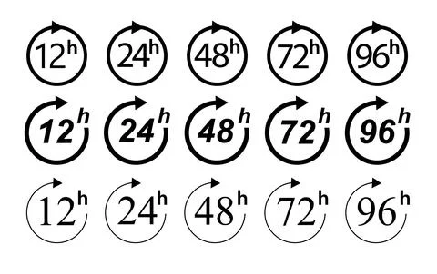Hour icon 12, 24, 48 and 72 hours clock arrow. Fast service Work time effect or Stock Illustration