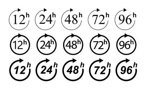 Hour icon 12, 24, 48 and 72 hours clock arrow. Fast service Work time effect or Stock Illustration