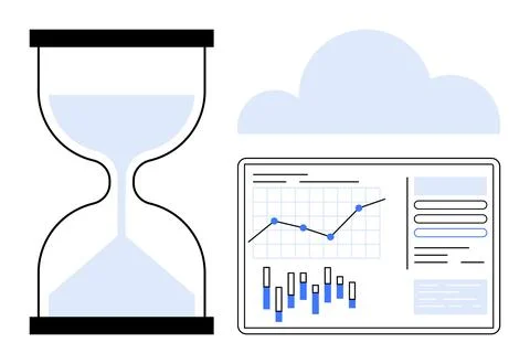 Hourglass and digital analytics dashboard with graphs under cloud icon repres Stock Illustration