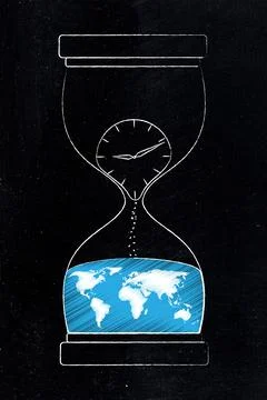 Hourglass with clocks and world map symbolizing climate change urgency Stock Illustration
