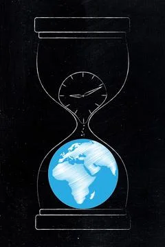 Hourglass with clocks and world map symbolizing climate change urgency Stock Illustration