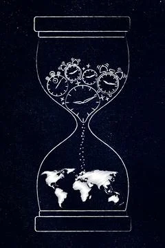 Hourglass with clocks and world map symbolizing climate change urgency Stock Illustration