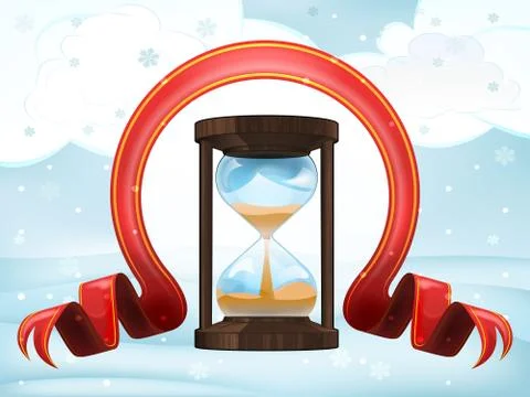 Hourglass countdown with xmas bow at winter scenery vector illustration Stock Illustration