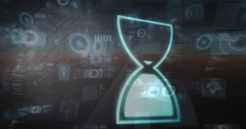 Hourglass icon and digital interface elements, futuristic technology animation Stock Footage 329127549