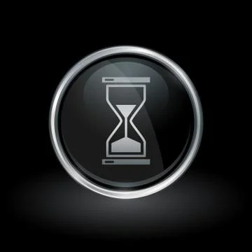 Hourglass icon inside round silver and black emblem Stock Illustration