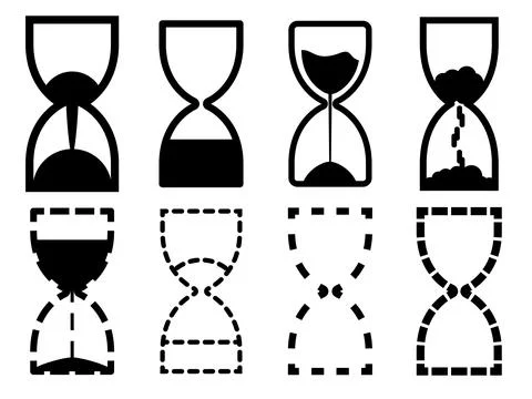 Hourglass icon set. Sandglass timer. Black contours of an hourglass. Sand t.. Stock Illustration