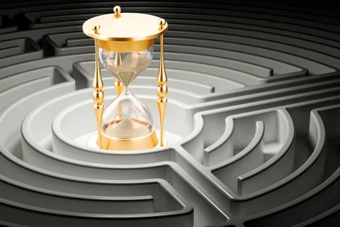 Hourglass inside labyrinth maze, 3D rendering Illustrazione stock