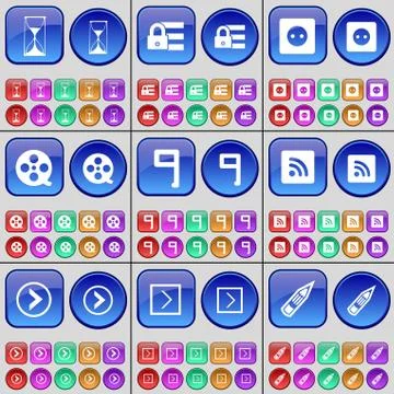 Hourglass, Lock, Socket, Videotape, Nine, RSS, Arrow right, Pencil. A large set Stock Illustration