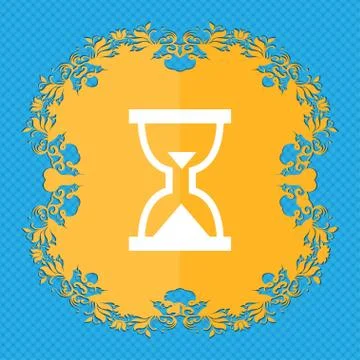 Hourglass, Sand timer . Floral flat design on a blue abstract background with pl Stock Illustration