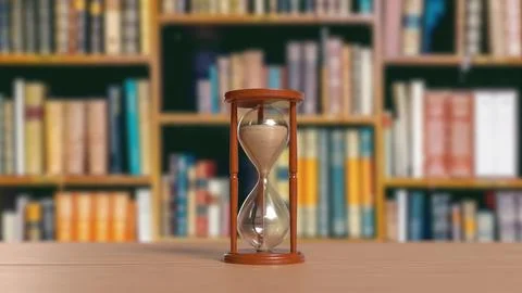 Hourglass on Table in Blurred Library Background 3d render.. Stock Illustration