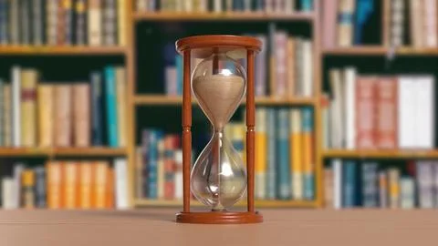 Hourglass on Table in Blurred Library Background 3d render.. Stock Illustration
