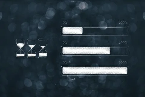 Hourglasses full to empty and progress bars from beginning to completion Ilustração Stock
