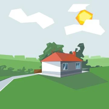 A house in 1 floor, view from perspective, with windows and the sun. Ilustración de archivo